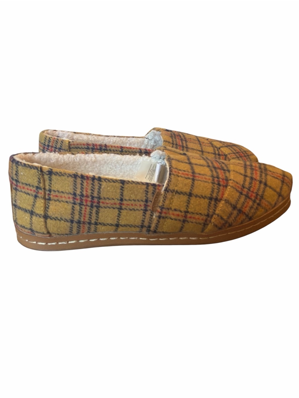 Cottagecore Cozy TOMS Plaid Sherpa Lined Slip On Shoes Mustard Yellow 8